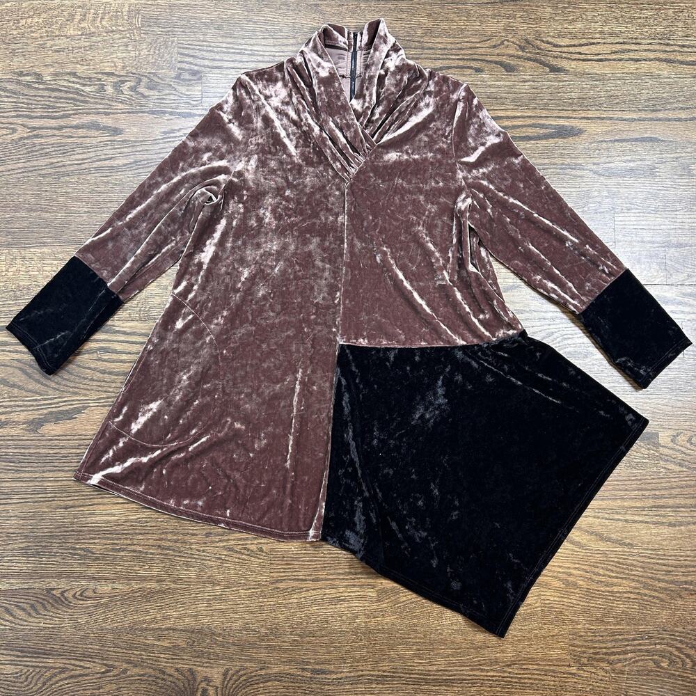 IC by Connie K Top Womens Medium Brown Black‎ Colorblock Velvet Tunic Cowl Neck